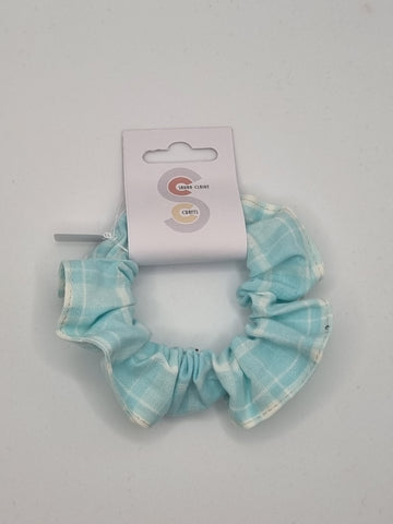 S1233 - Pale Aqua Blue Colour Check Print Handmade Fabric Hair Scrunchies