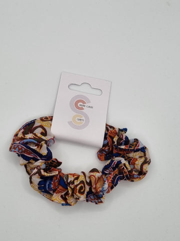 S1241 - Pale Grey with Blue Paisley & Flower Print Handmade Fabric Hair Scrunchies