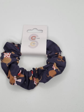 S1245 - Navy Blue with Christmas Sausage Dog Print Handmade Fabric Hair Scrunchies