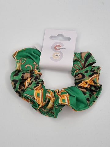 S1247 - Green with Gold Colour Chain & Animal Print Handmade Fabric Hair Scrunchies