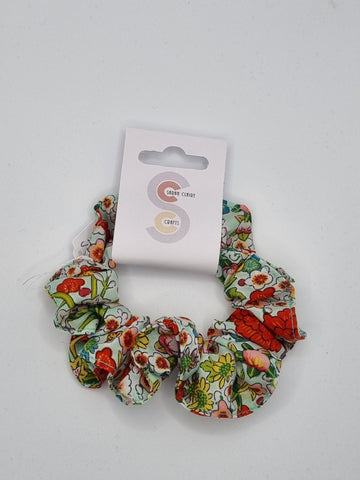 S1248 - Pale Mint Green with Multicolour Flower Print Handmade Fabric Hair Scrunchies