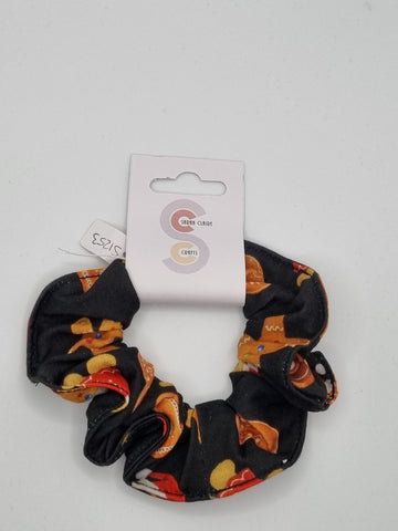 S1253 - Black with Fun Gingerbread Print Handmade Fabric Hair Scrunchies