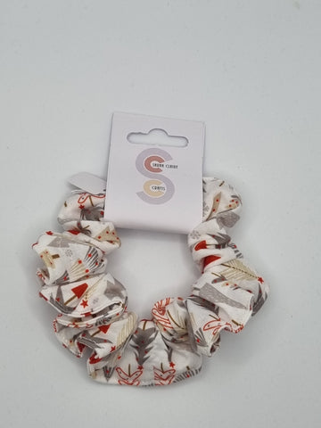 S1255 - White with Grey & Red Christmas Tree Print Handmade Fabric Hair Scrunchies