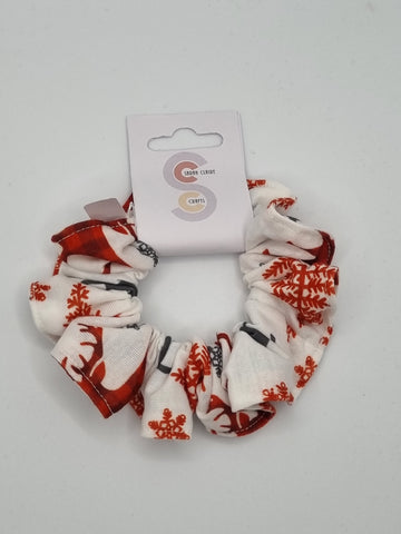 S1256 - White with Grey & Red Christmas Stag Reindeer Print Handmade Fabric Hair Scrunchies