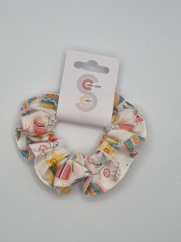 S1258 - White with Easter Egg & Flower Print Handmade Fabric Hair Scrunchies