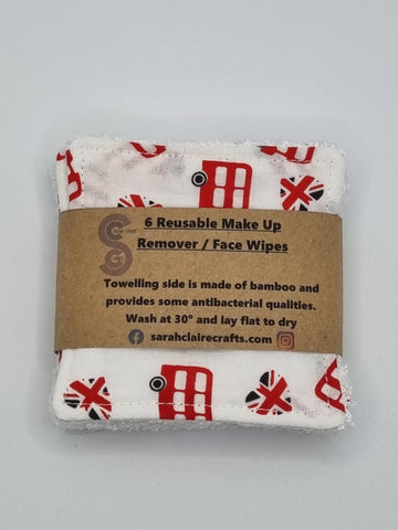 Set of 6 White with Red London Bus & Heart Union Jack British Theme Print Handmade Reusable Make Up Remover Pads