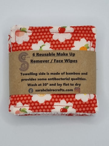 Set of 6 Red with Fruit, Argyle & Leaf Print Handmade Reusable Make Up Remover Pads
