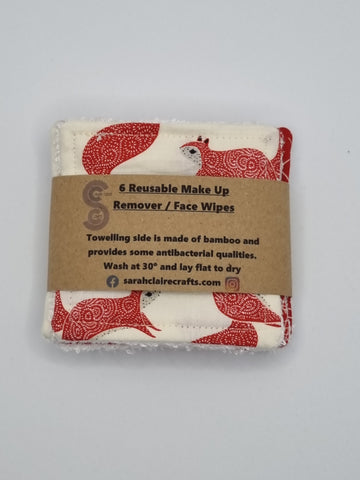 Set of 6 Cream with Red Fox, Crosshatch & Dash Print Handmade Reusable Make Up Remover Pads