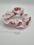 S1263 - White with Waving Union Jack Flag Coronation Patriotic Print Handmade Fabric Hair Scrunchies