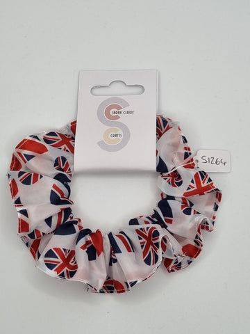 S1264 - White with Heart Shaped Union Jack Flag Jubilee Patriotic Print Handmade Fabric Hair Scrunchies