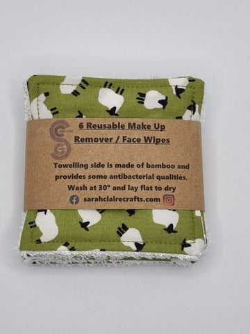 Set of 6 Sage Green with Sheep Print Handmade Reusable Make Up Remover Pads