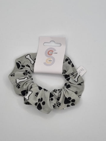 S1272 - Grey with Black Paw Print Handmade Fabric Hair Scrunchies