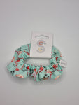 S1279 - Light Turquoise Blue with Pink Flamingo Print Handmade Fabric Hair Scrunchies