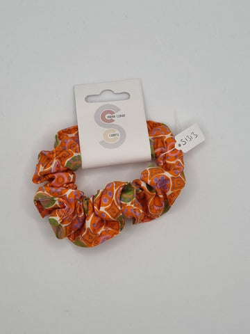 S1313 - Geometric Orange & Green Print Handmade Fabric Hair Scrunchies