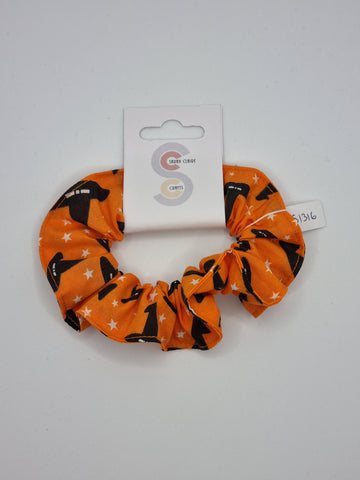 S1316 - Bright Orange with Black Halloween Witch Hat Print Handmade Fabric Hair Scrunchies