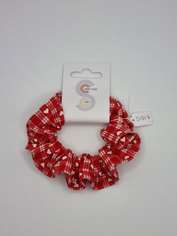 S1317 - Red Gingham with Heart Print Handmade Fabric Hair Scrunchies