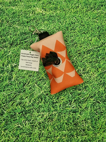 Dark Peach & Peach Triangular Print Handmade Doggie Doo / Puppy Poop Bag Holder Pouch