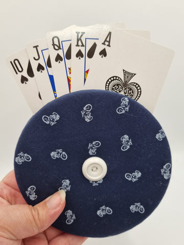 Navy Blue with Motorbike Print Handmade Helping Hand Playing Card Holder
