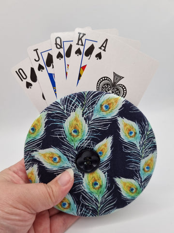 Navy Blue with Peacock Feather Print Handmade Helping Hand Playing Card Holder