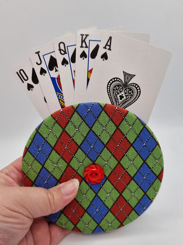 Green, Red & Blue Argyle Print Handmade Helping Hand Playing Card Holder