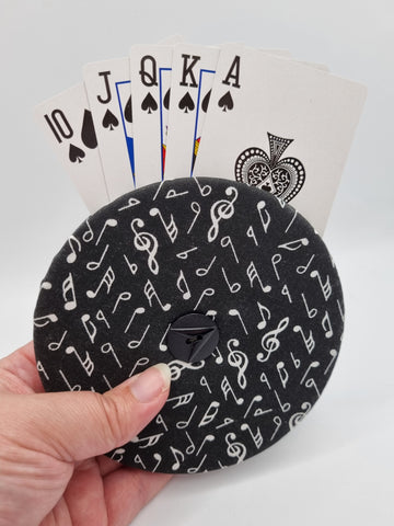 Black with White Music Note Print Handmade Helping Hand Playing Card Holder