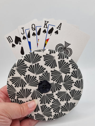 Cream with Dark Grey Fan Like Print Handmade Helping Hand Playing Card Holder