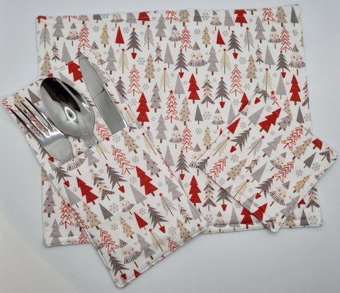 Handmade Christmas White, Red & Grey Tree Print Fabric Tableware