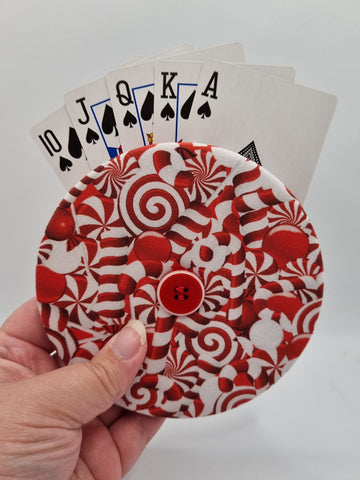 Red & White Christmas Candy Cane Sweet Print Handmade Helping Hand Playing Card Holder