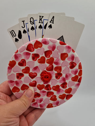 White with Red & Pink Heart Print Handmade Helping Hand Playing Card Holder