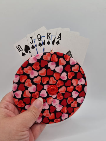 Black with Red & Pink Heart Print Handmade Helping Hand Playing Card Holder