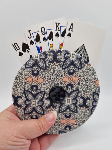Navy Blue & Peach Pattern Print Handmade Helping Hand Playing Card Holder