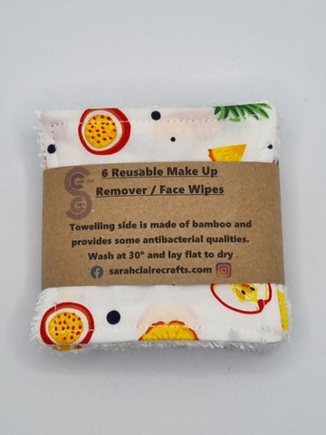 Set of 6 White with Fruit Print Handmade Reusable Make Up Remover Pads
