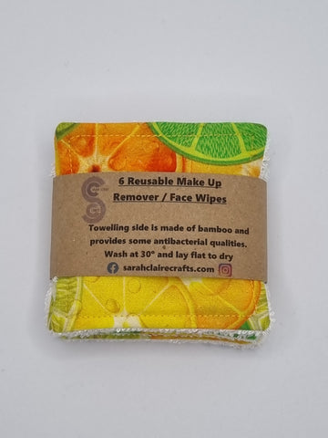 Set of 6 Citrus Fruit Slice Print Handmade Reusable Make Up Remover Pads