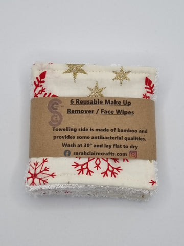 Set of 6 Cream with Red Snowflake & Gold Colour Star Christmas Print Handmade Reusable Make Up Remover Pads