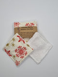 Set of 6 Cream with Red Snowflake & Gold Colour Star Christmas Print Handmade Reusable Make Up Remover Pads