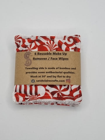 Set of 6 Red & White Candy Cane Sweet Christmas Print Handmade Reusable Make Up Remover Pads