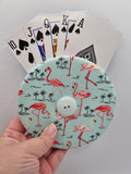 Pale Turquoise Blue with Pink Flamingo Print Handmade Helping Hand Playing Card Holder