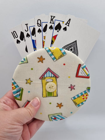 Cream with Multicoloured Beach Hut Print Handmade Helping Hand Playing Card Holder