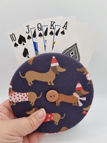 Navy Blue Sausage Dog Christmas Print Handmade Helping Hand Playing Card Holder