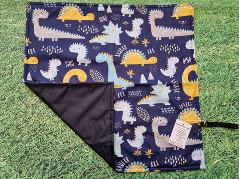 Navy Blue with Fun Dinosaur Print Handmade Waterproof Base Sit Mat - Great for Picnics