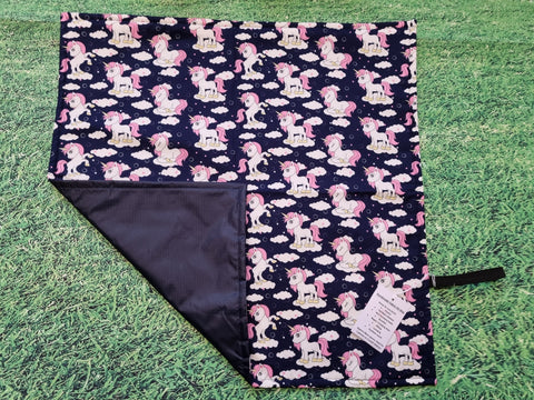 Navy Blue with Fun Unicorn Print Handmade Waterproof Base Sit Mat - Great for Picnics