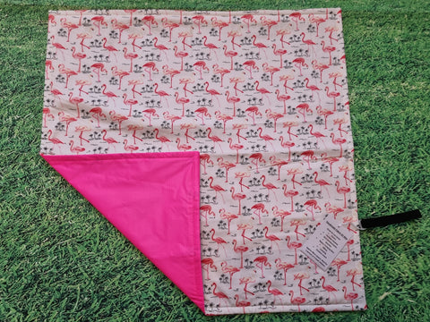 White with Pink Flamingo Print Handmade Waterproof Base Sit Mat - Great for Picnics