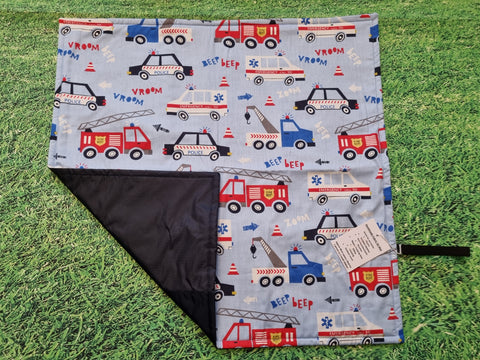 Light Blue with Emergency Vehicle Print Handmade Waterproof Base Sit Mat - Great for Picnics