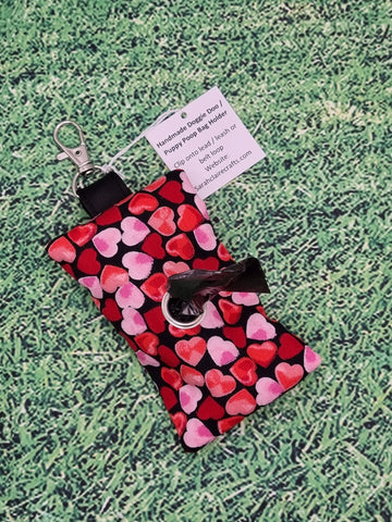 Black with Red & Pink Heart Print Handmade Doggie Doo / Puppy Poop Bag Holder Pouch