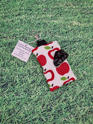 White with Red Apple Print Handmade Doggie Doo / Puppy Poop Bag Holder Pouch