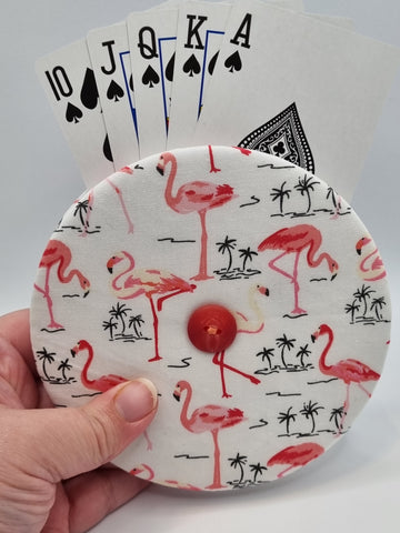 White with Pink Flamingo Print Handmade Helping Hand Playing Card Holder