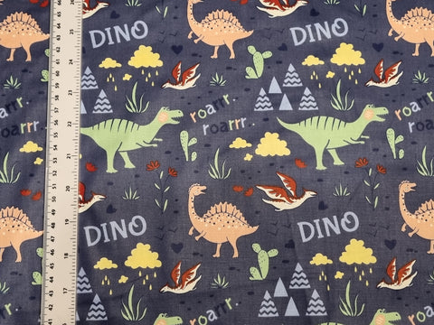 100% Cotton Navy Blue Dinosaur Dino Print Fabric - per metre