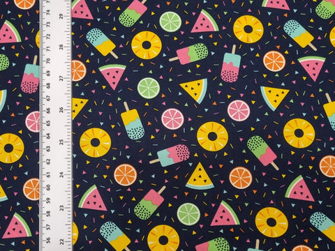 Navy Blue with Fruit & Ice Lolly Summer Print 100% Cotton Fabric - per metre