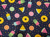 Navy Blue with Fruit & Ice Lolly Summer Print 100% Cotton Fabric - per metre