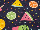 Navy Blue with Fruit & Ice Lolly Summer Print 100% Cotton Fabric - per metre